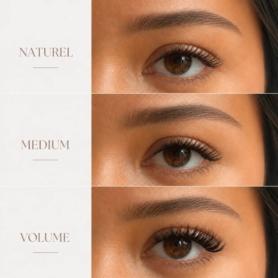 Drie ooglooks onder elkaar: press-on wimpers Naturel, Medium en Volume van LashVie.